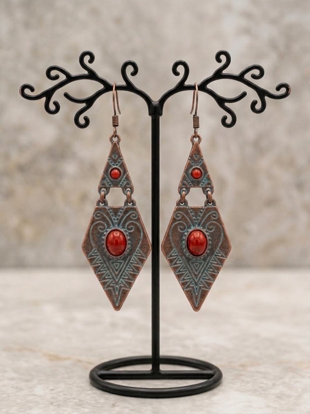 Artisan Copper-Tone Red Stone Drop Earrings